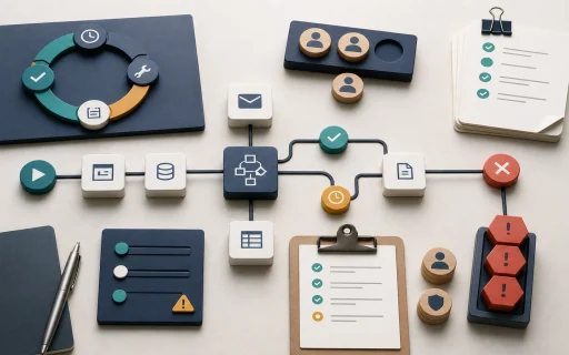 A low-code automation workflow board showing approvals, ownership, errors, and connected process blocks.