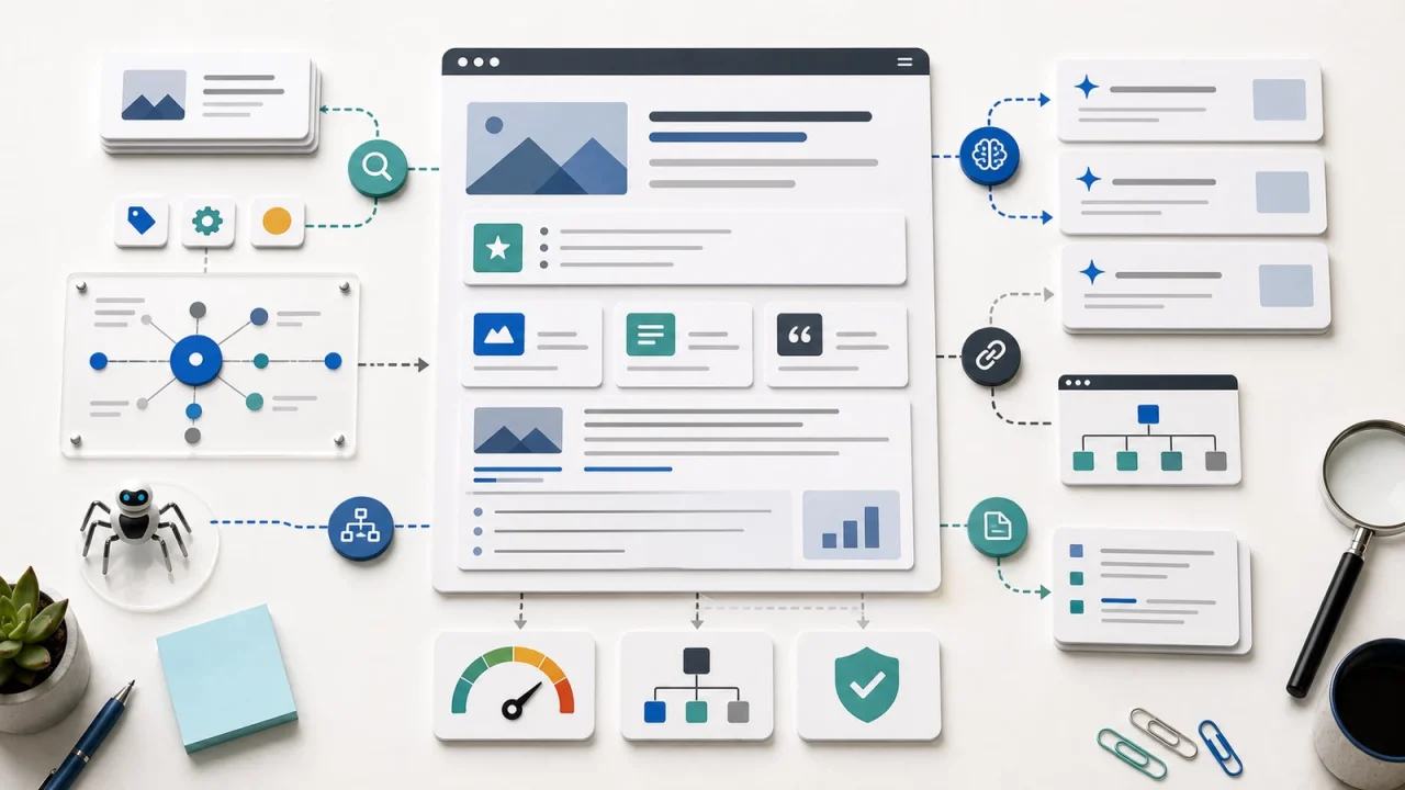 Structured web page content connected to SEO signals, AI answer cards, internal links, schema, and performance checks.