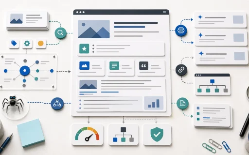 Structured web page content connected to SEO signals, AI answer cards, internal links, schema, and performance checks.