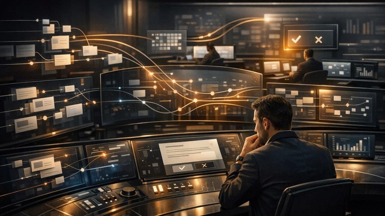Agentic business operations command center showing AI-assisted workflows, tool use, and human approval.