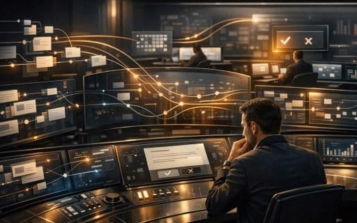 Agentic business operations command center showing AI-assisted workflows, tool use, and human approval.
