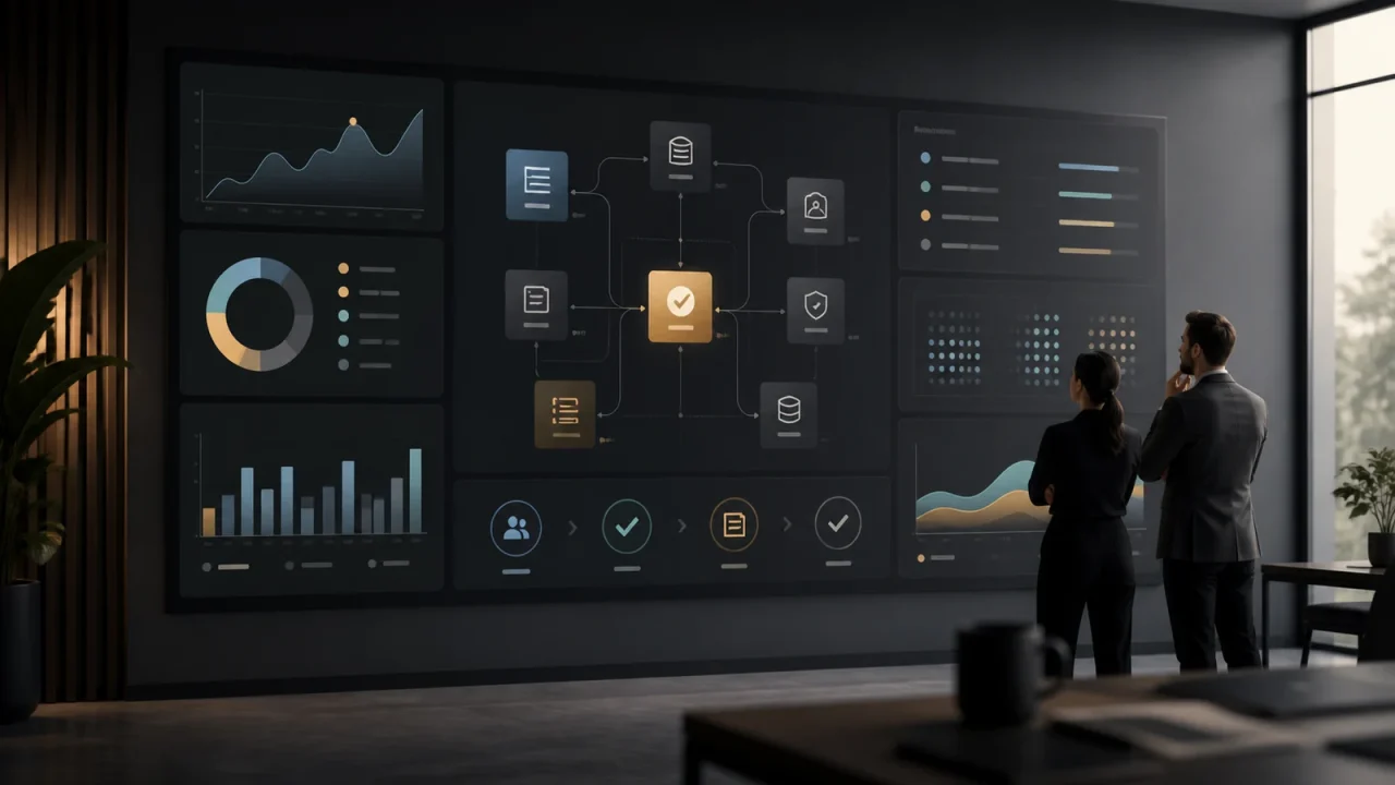 Operational dashboards showing decisions, owners, thresholds, outcome signals, review queues, workflow metrics, and next actions in a business operations room.