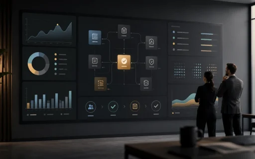 Operational dashboards showing decisions, owners, thresholds, outcome signals, review queues, workflow metrics, and next actions in a business operations room.