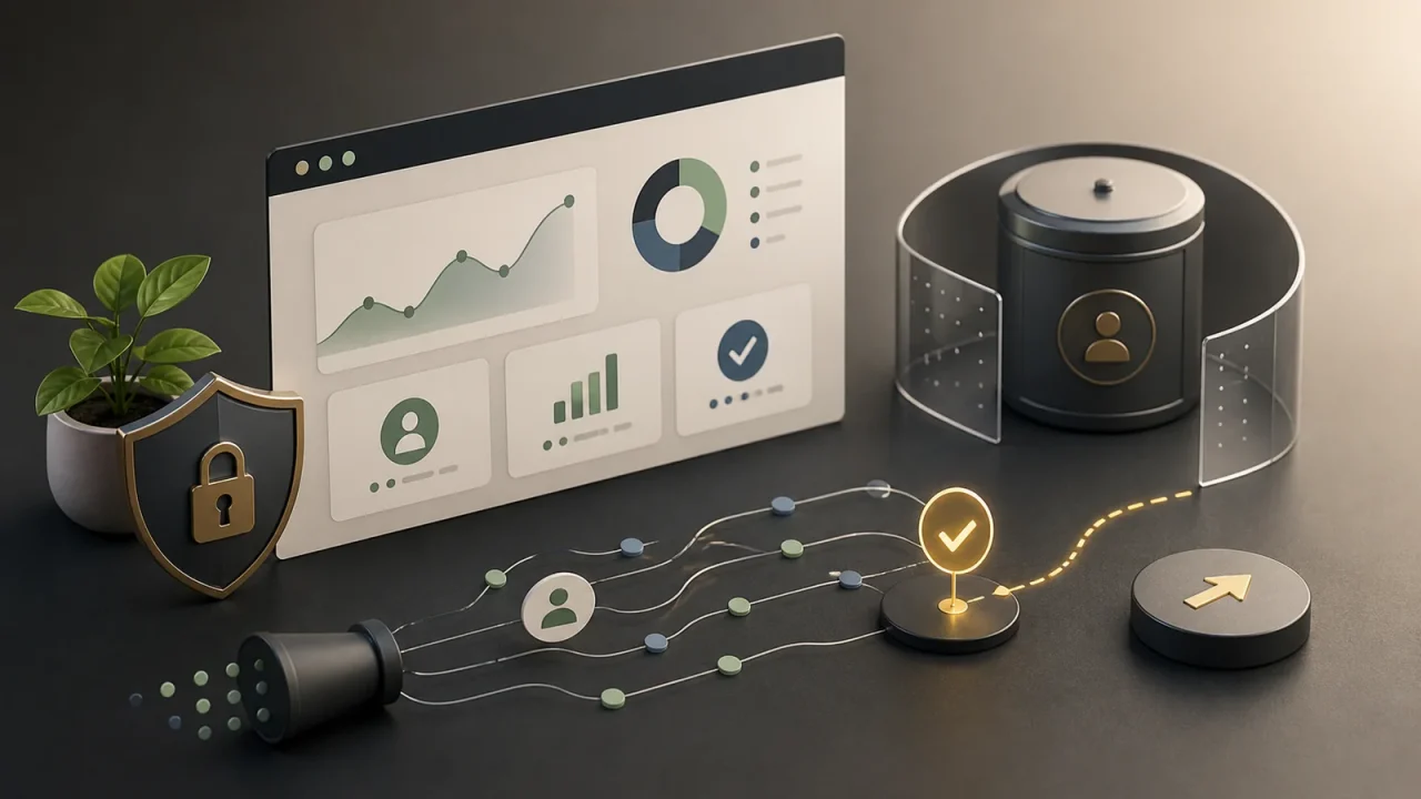Privacy-first website analytics dashboard with minimized data points, a protected visitor path, and a decision marker.