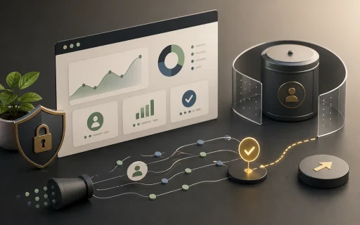 Privacy-first website analytics dashboard with minimized data points, a protected visitor path, and a decision marker.