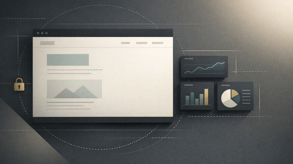 Minimal privacy-first website interface connected to privacy-conscious analytics with subtle data boundary lines.