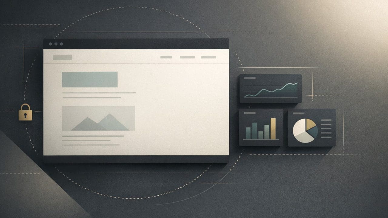 Minimal privacy-first website interface connected to privacy-conscious analytics with subtle data boundary lines.