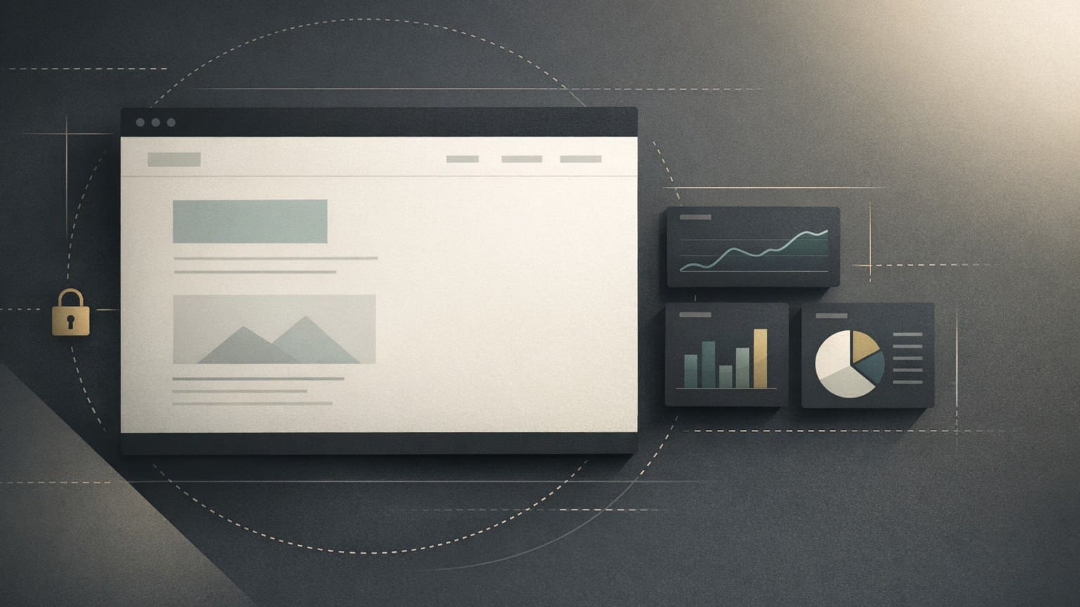 Minimal privacy-first website interface connected to privacy-conscious analytics with subtle data boundary lines.