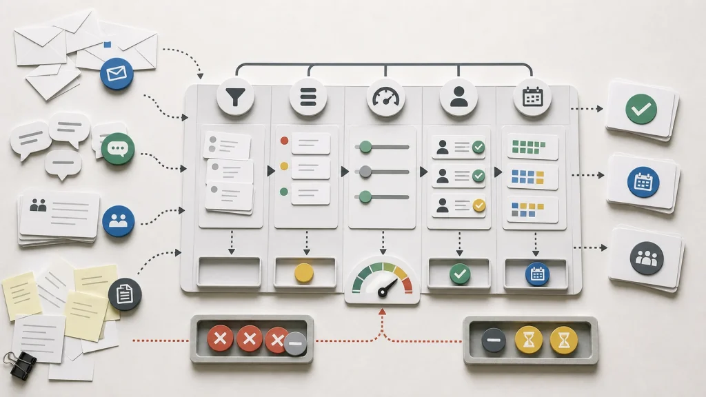 Scattered email, chat, and meeting requests being organized into a clear project intake process pipeline.