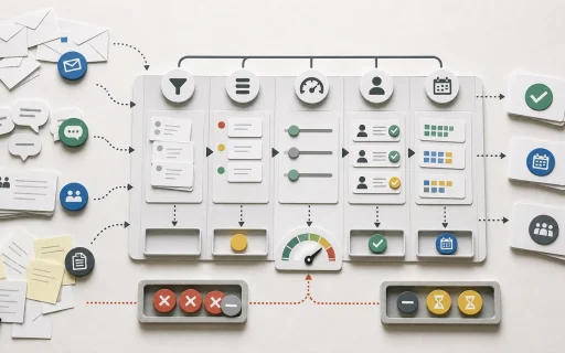 Scattered email, chat, and meeting requests being organized into a clear project intake process pipeline.