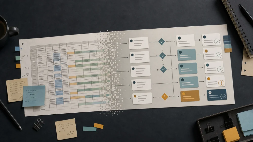 Spreadsheet tracker transforming into workflow board for replacing spreadsheets with software