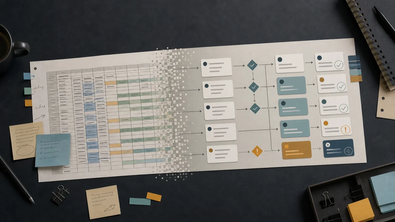 Spreadsheet tracker transforming into workflow board for replacing spreadsheets with software
