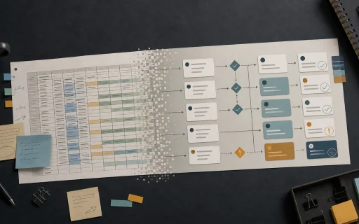 Spreadsheet tracker transforming into workflow board for replacing spreadsheets with software