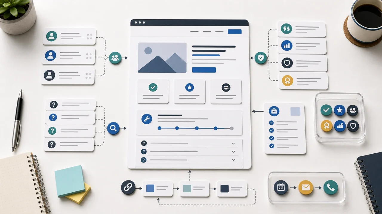 A service page planning board with buyer questions, proof, service scope, process steps, internal links, and next-step paths.