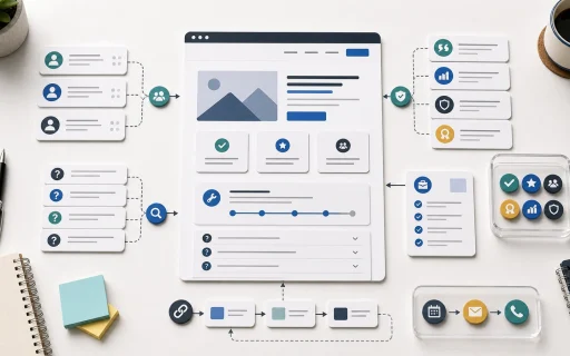 A service page planning board with buyer questions, proof, service scope, process steps, internal links, and next-step paths.