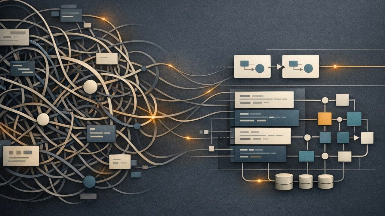 Abstract digital system showing tangled technical debt being reorganized into clearer workflows and architecture.