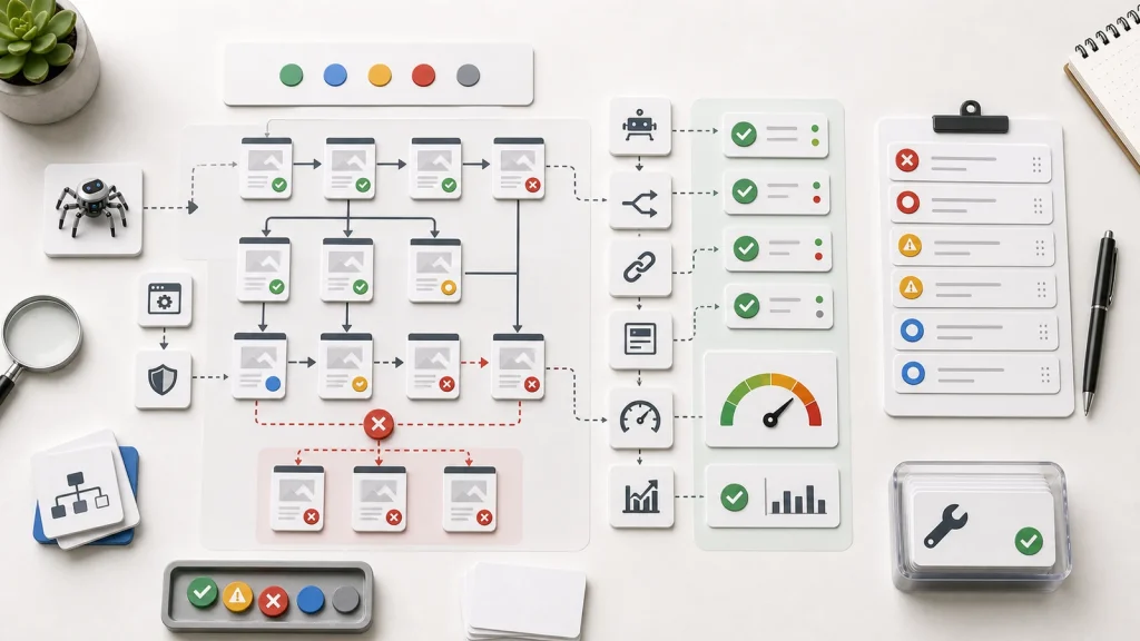 A technical SEO audit map showing crawl paths, robots controls, redirects, sitemap checks, status issues, and repair priorities.