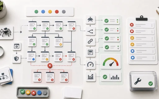 A technical SEO audit map showing crawl paths, robots controls, redirects, sitemap checks, status issues, and repair priorities.