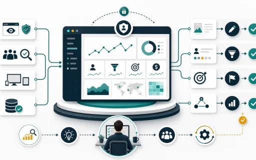 Website analytics strategy dashboard connected to content decisions, lead quality, conversion goals, privacy controls, and next actions.