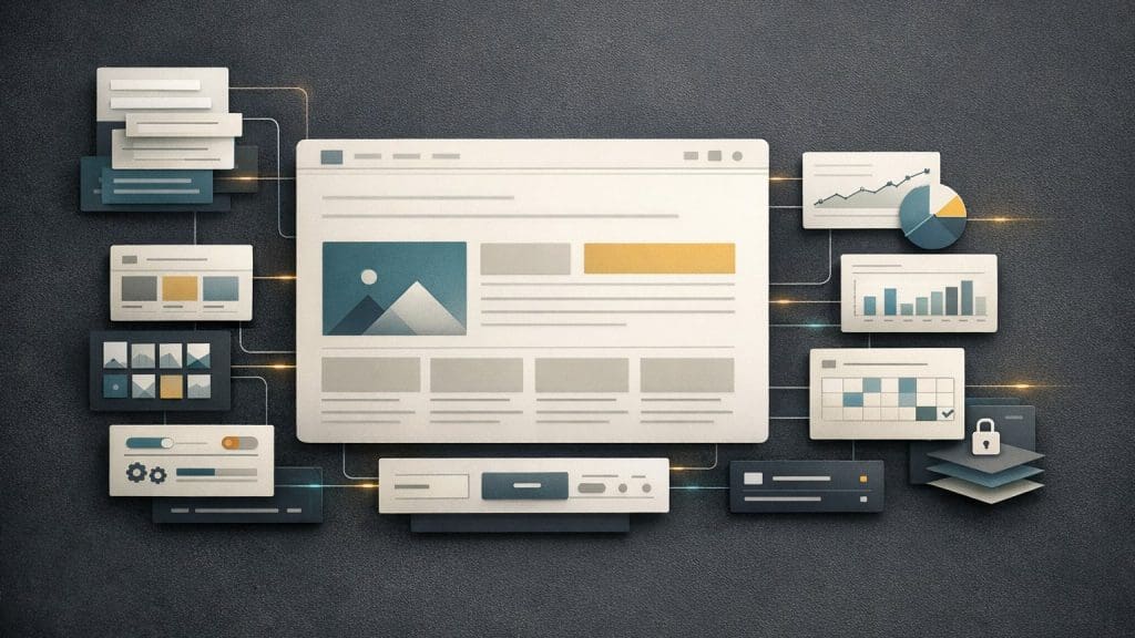Abstract website operations system showing structured content, analytics, and publishing controls.