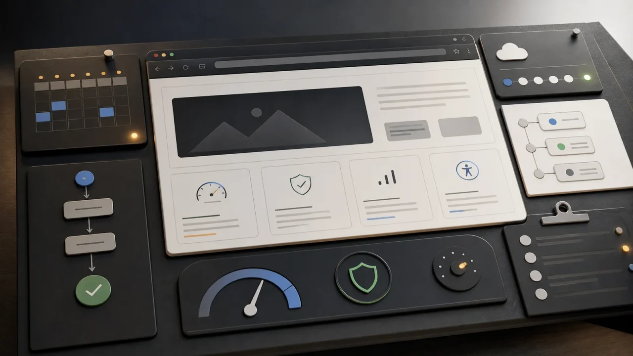Website maintenance plan board showing performance, security, analytics, and content operations controls.