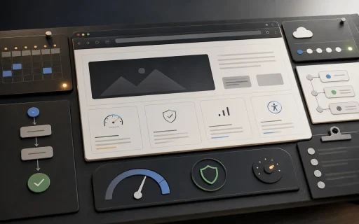 Website maintenance plan board showing performance, security, analytics, and content operations controls.