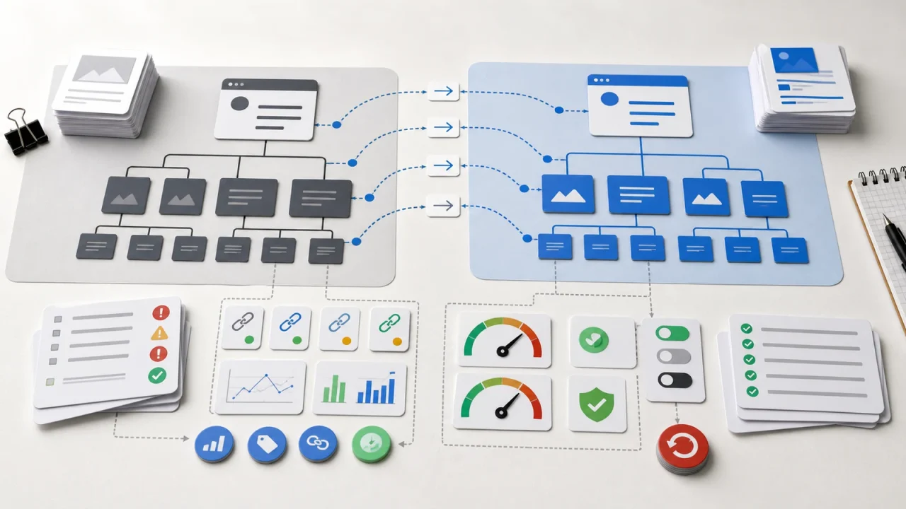 A website migration planning board with redirects, content inventory, analytics, privacy, and QA checks.