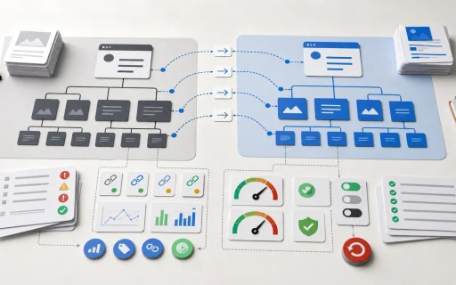 A website migration planning board with redirects, content inventory, analytics, privacy, and QA checks.