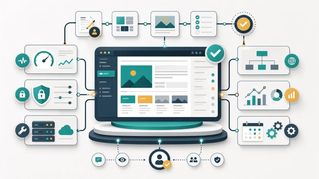 Website operations dashboard connected to publishing workflow, performance, privacy, SEO, analytics, maintenance, and approvals.