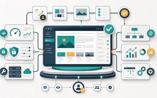 Website operations dashboard connected to publishing workflow, performance, privacy, SEO, analytics, maintenance, and approvals.