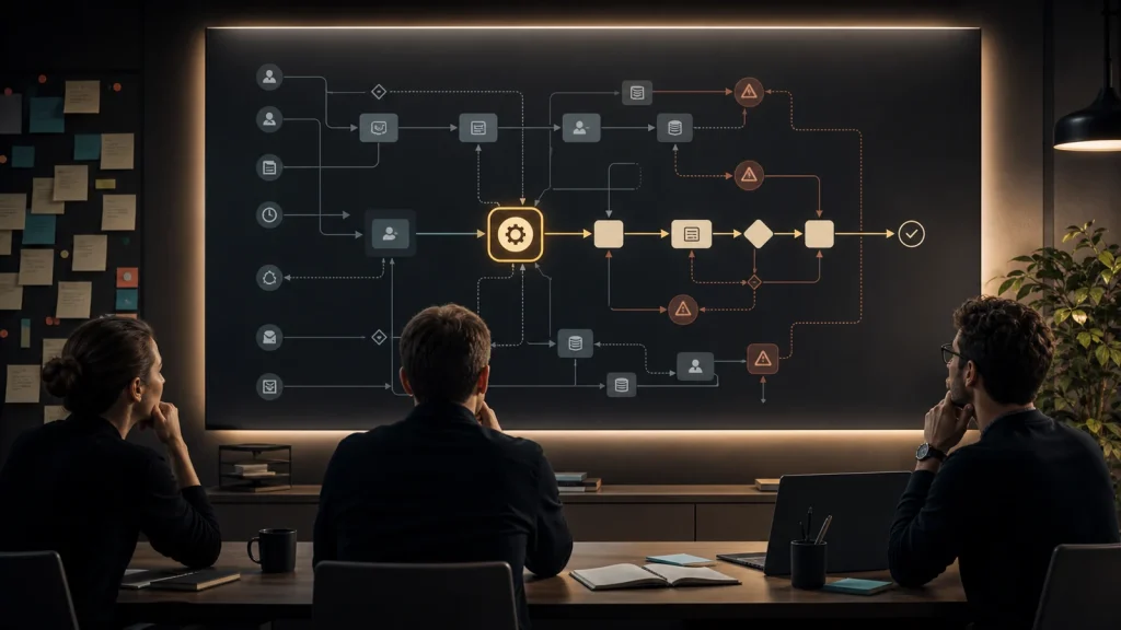 What to automate first workflow map showing manual handoffs, bottlenecks, exception paths, review points, and one highlighted automation starting point.