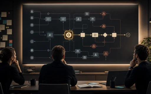 What to automate first workflow map showing manual handoffs, bottlenecks, exception paths, review points, and one highlighted automation starting point.