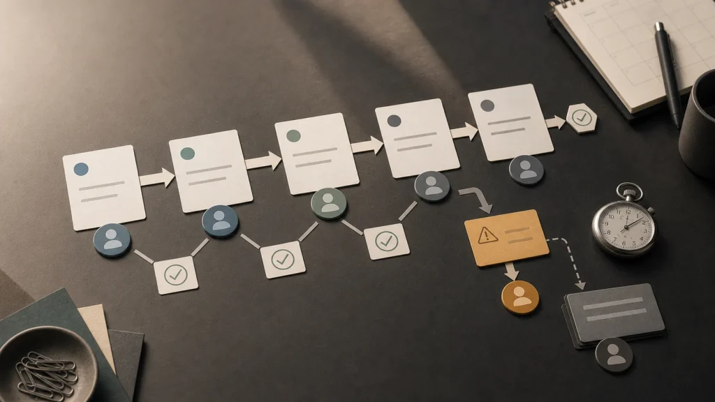 Workflow automation examples shown as physical handoff cards with owner tokens, approvals, and an exception branch