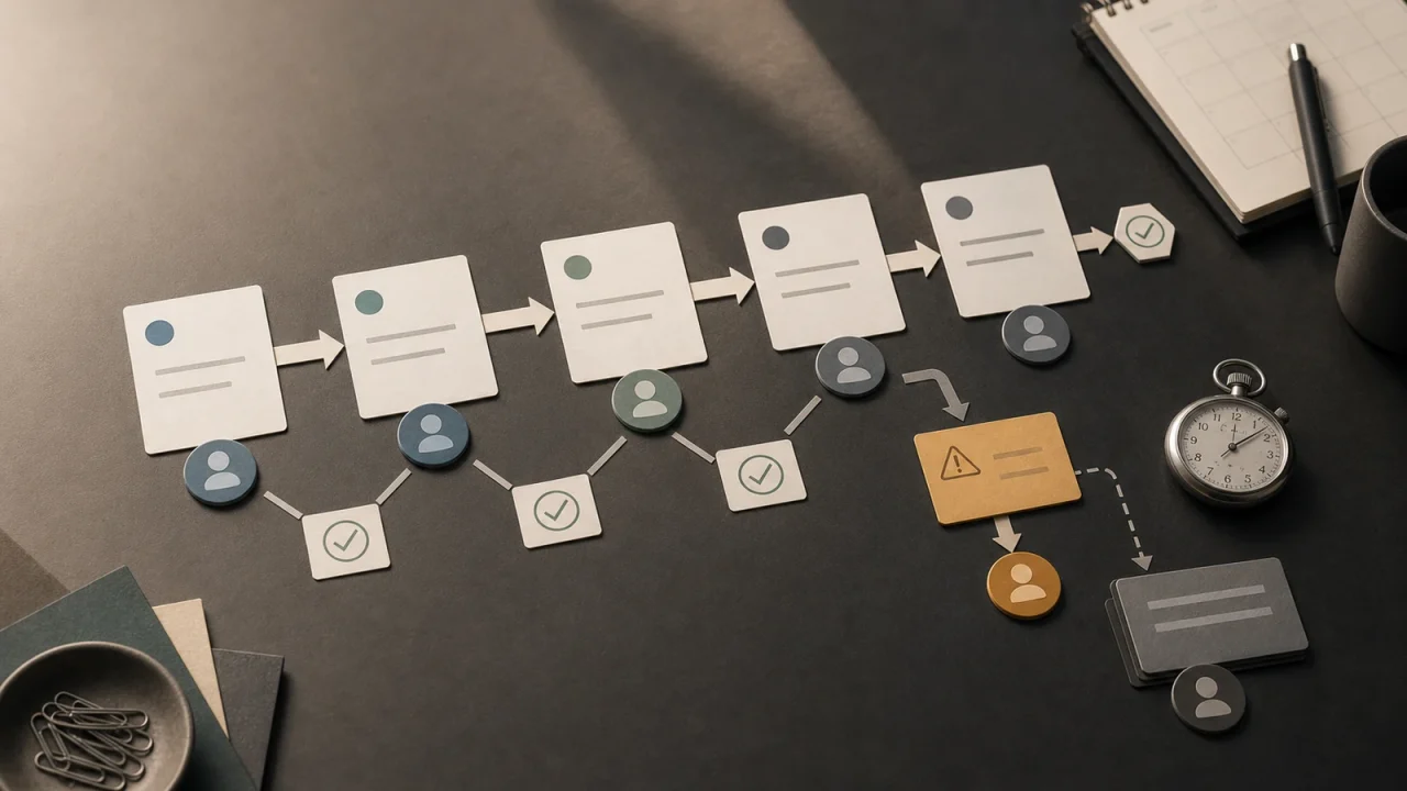 Workflow automation examples shown as physical handoff cards with owner tokens, approvals, and an exception branch