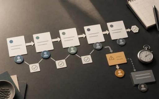 Workflow automation examples shown as physical handoff cards with owner tokens, approvals, and an exception branch