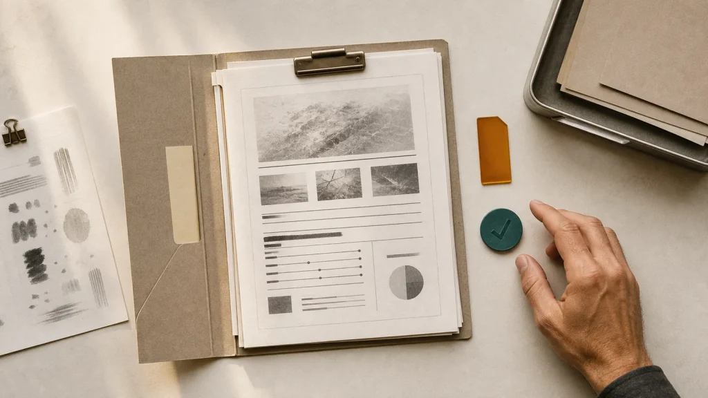 AI decision support shown as an evidence dossier with a human hand choosing between risk review and approval.