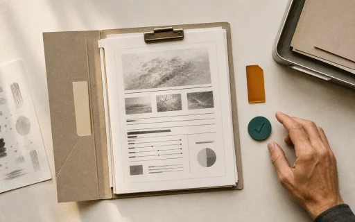 AI decision support shown as an evidence dossier with a human hand choosing between risk review and approval.