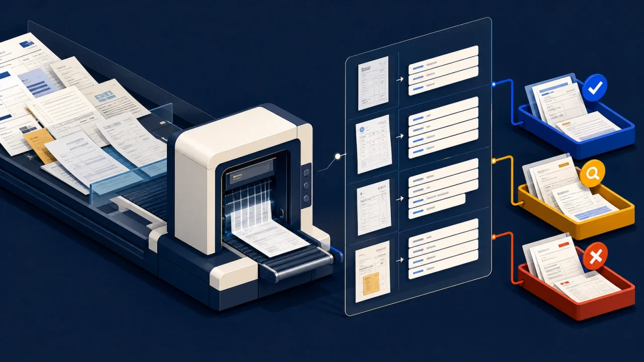 AI document processing workflow with extracted fields routed to approval, human review, and rejection