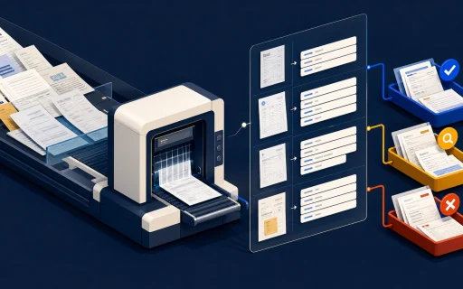 AI document processing workflow with extracted fields routed to approval, human review, and rejection