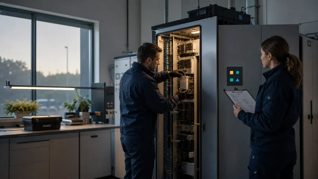 AI workflow maintenance team servicing a modular automation cabinet and checking a maintenance record.