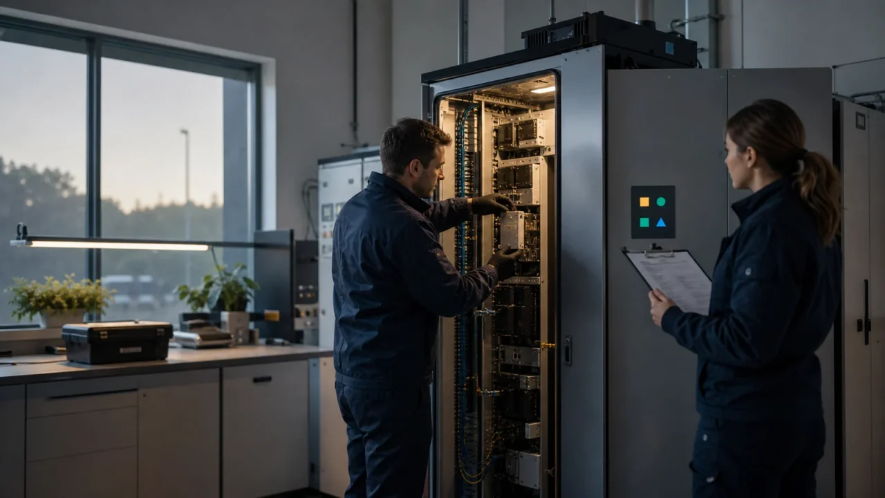 AI workflow maintenance team servicing a modular automation cabinet and checking a maintenance record.