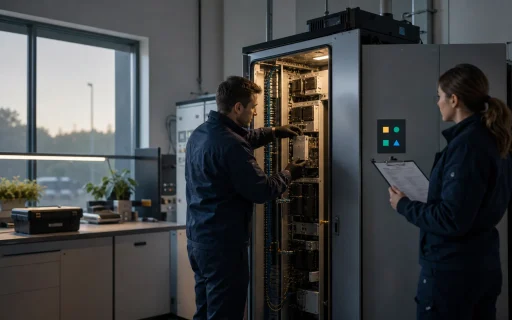AI workflow maintenance team servicing a modular automation cabinet and checking a maintenance record.
