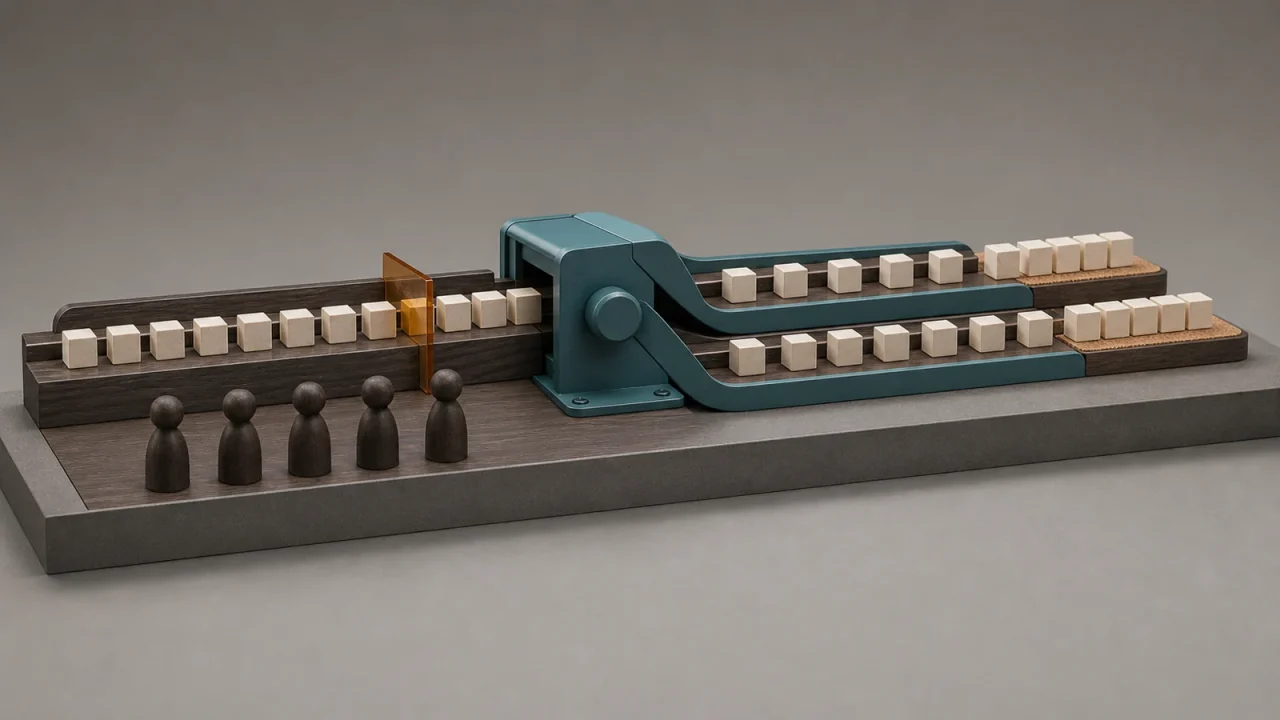 Automation ROI physical model showing the same five operators moving more work through two capacity lanes.