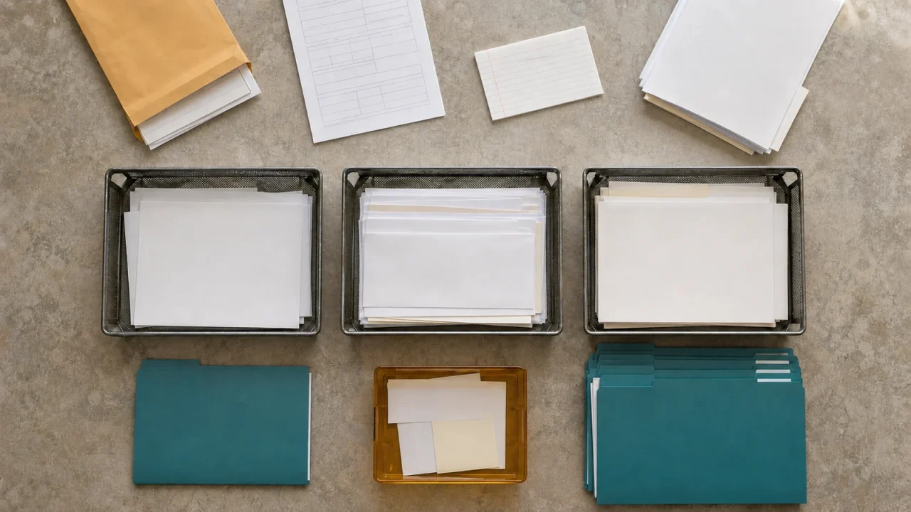 Business intake workflow with mixed request documents sorted into review trays and ready folders.