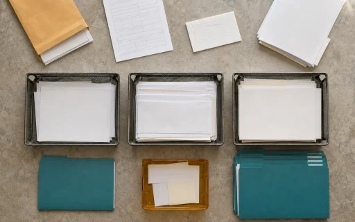 Business intake workflow with mixed request documents sorted into review trays and ready folders.