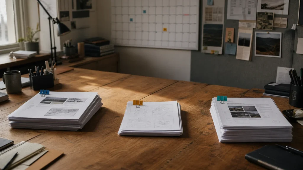Content operations workspace with three publishing job stacks, ownership clips, and an unclaimed handoff in the center.