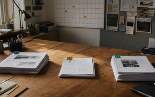 Content operations workspace with three publishing job stacks, ownership clips, and an unclaimed handoff in the center.