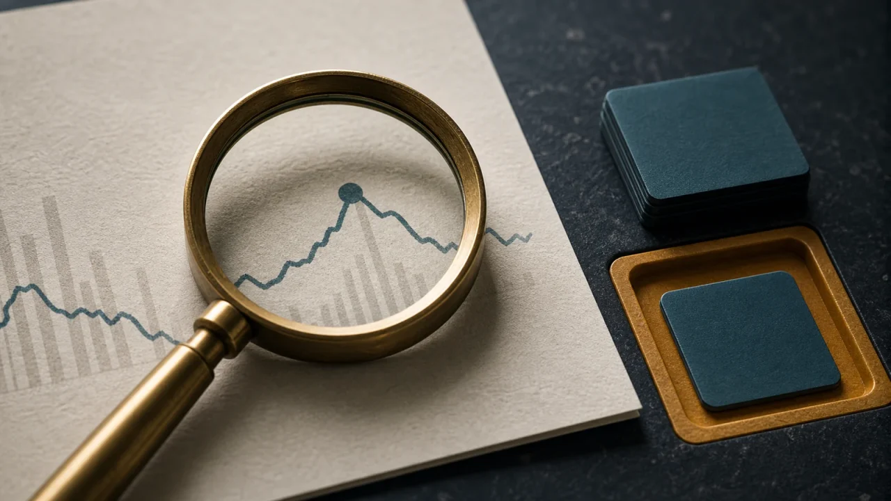 Website analytics strategy shown as a magnifying glass isolating one signal beside a single next-action tile.