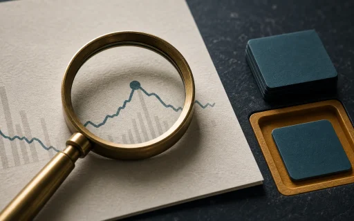 Website analytics strategy shown as a magnifying glass isolating one signal beside a single next-action tile.