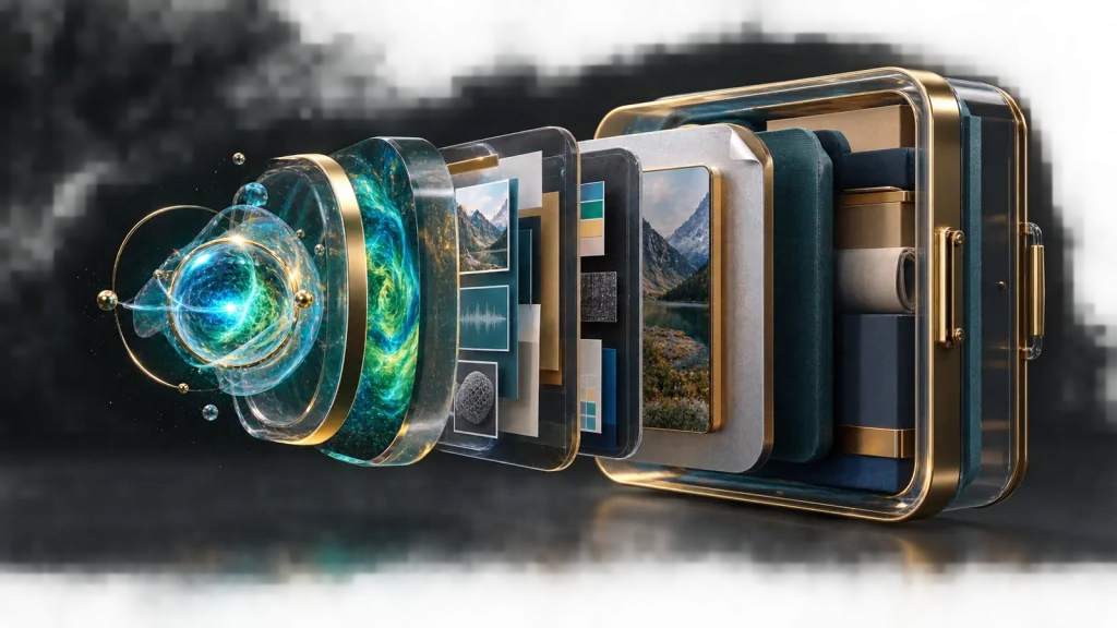 Media asset version management shown as distinct work, version, component, file, and package layers
